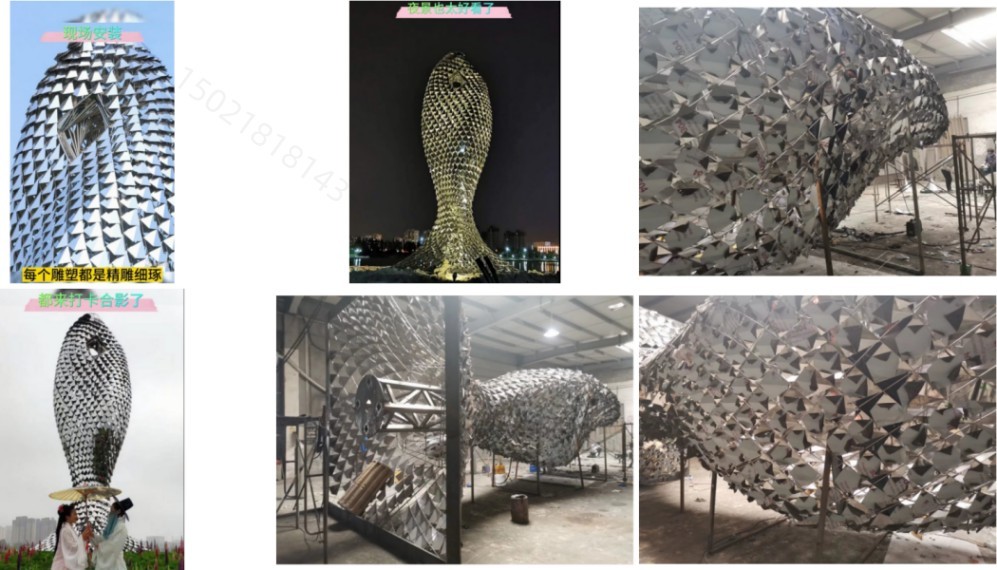金海湖上海之鱼 菱形拼接不锈钢鱼雕塑-花展夜景鱼定制